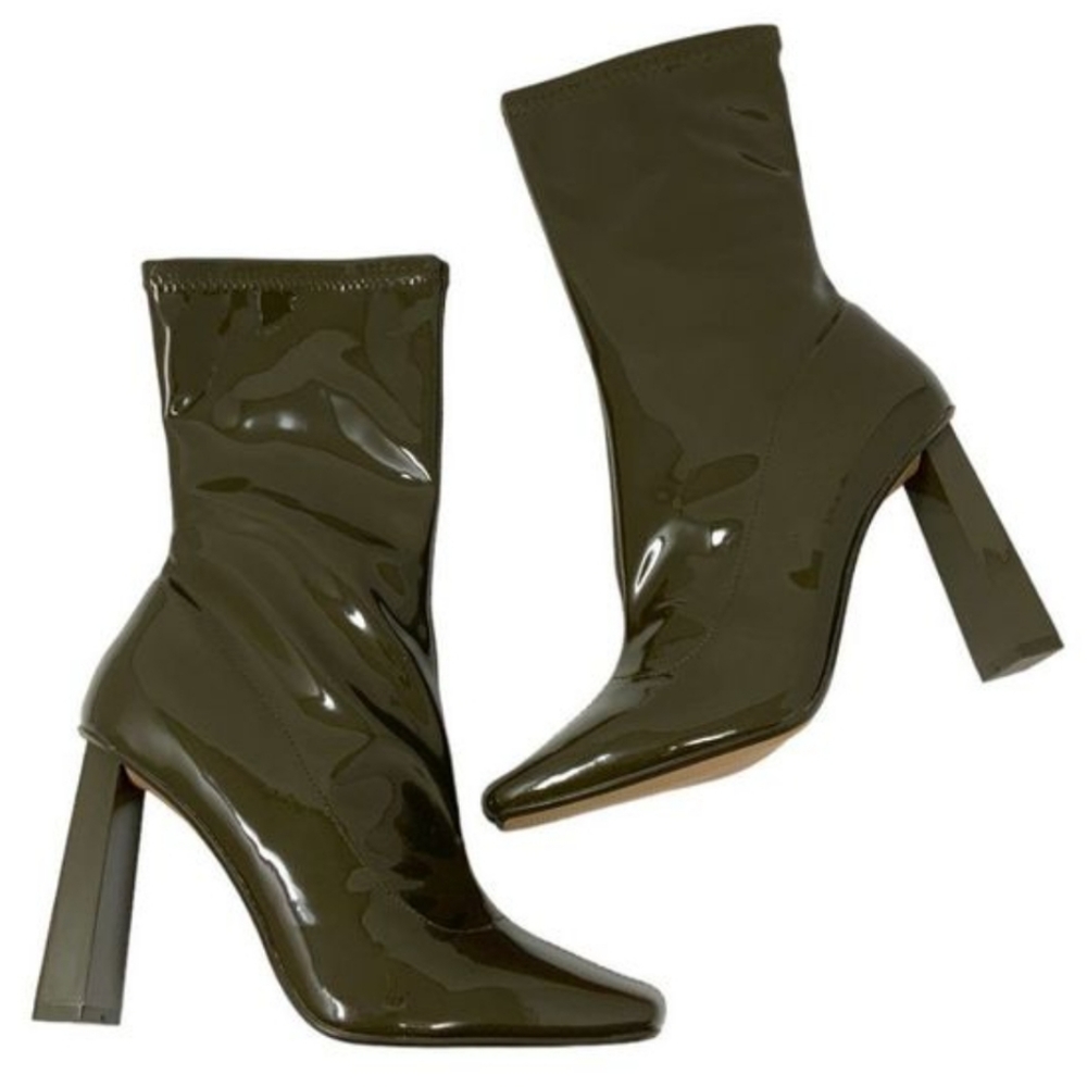 Aldo Faux Patent Leather Ankle Bootie Olive Green Size 7.5